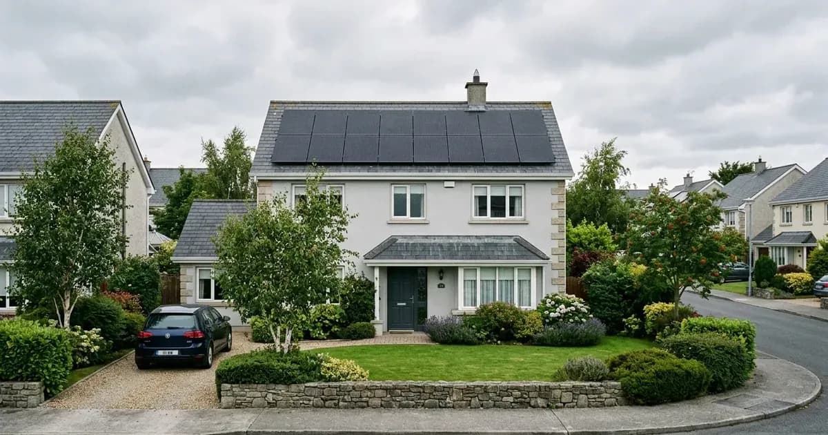 Residential solar panels installed on a slate roof of an Irish home under overcast skies — SolarNevs spec card