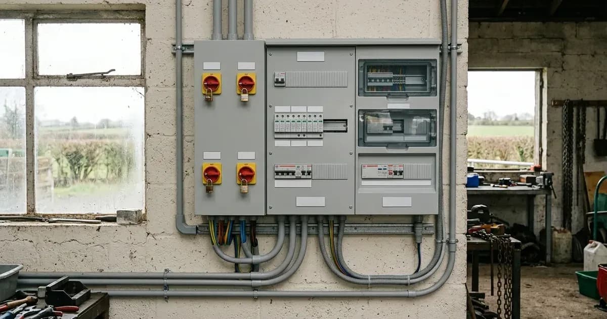 Electrical solar isolation and compliance switchgear board mounted inside an Irish farm building — SolarNevs spec card