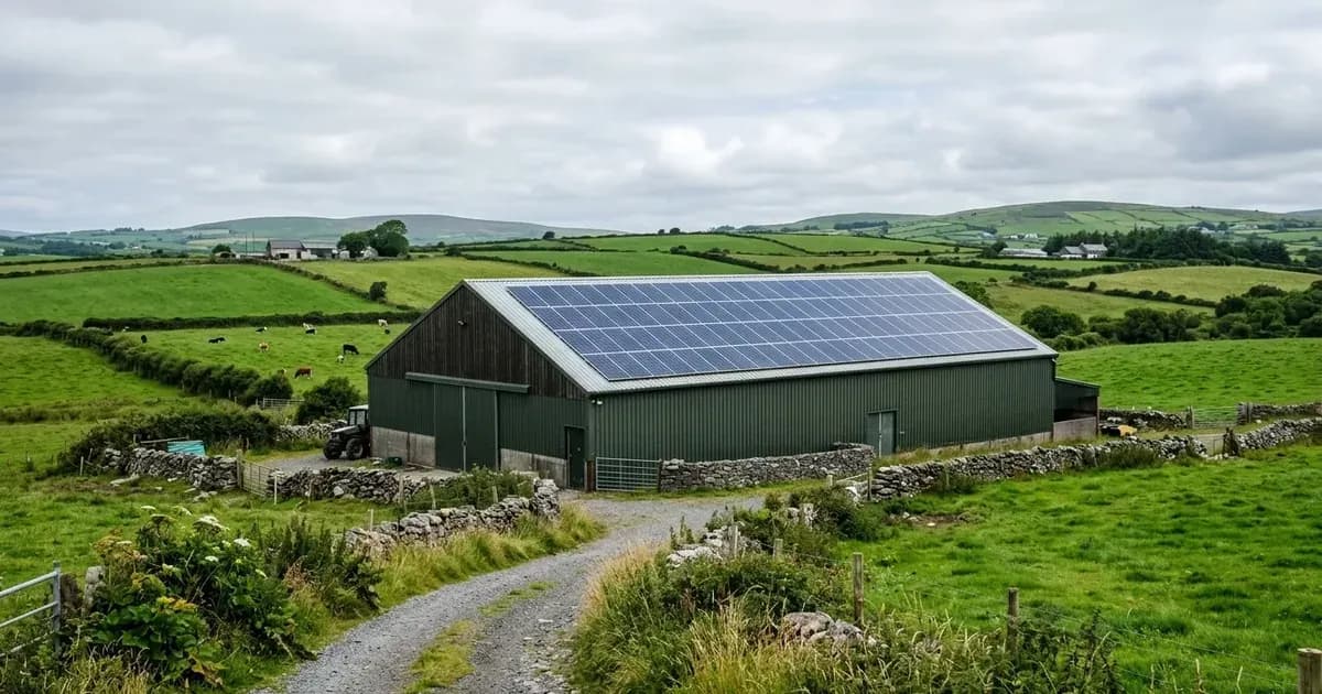 Solar panel array mounted across the roof of an Irish farm building under overcast skies — SolarNevs spec card