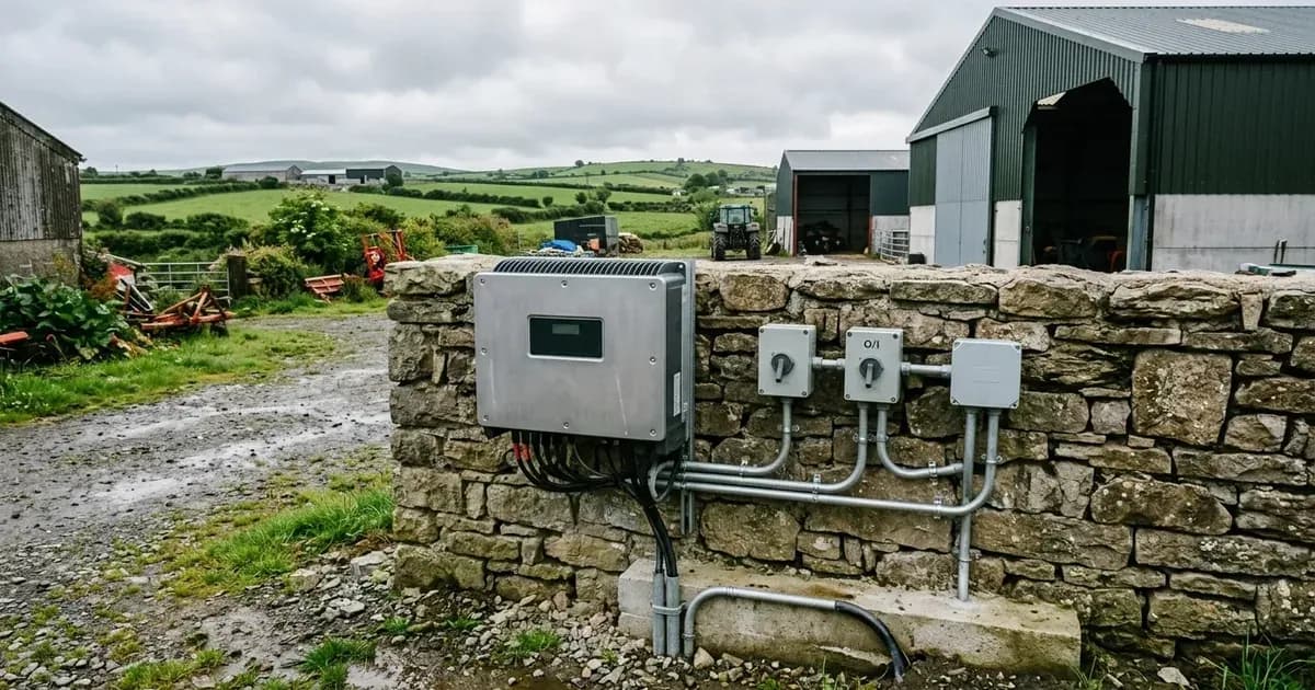 Commercial solar inverter and isolator switches mounted on an agricultural farm building in Ireland — SolarNevs spec card