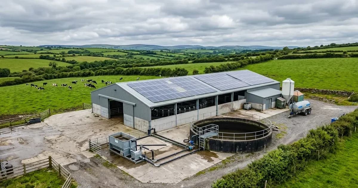 Solar panels on an Irish dairy farm building powering load shifting and aeration systems — SolarNevs spec card