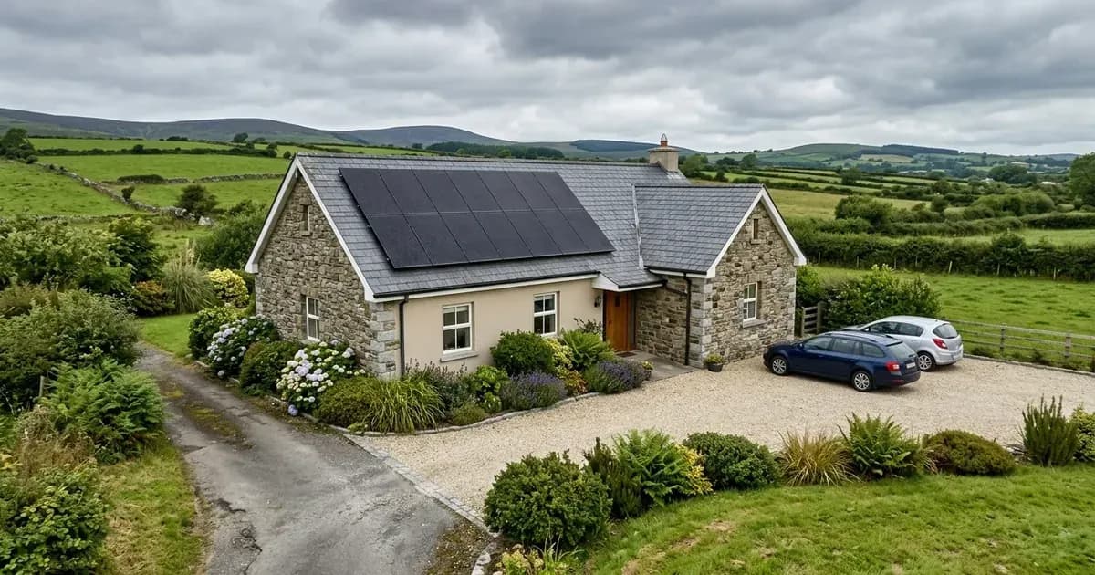Rooftop solar panels on a commercial business building in Ireland under overcast skies — SolarNevs spec card