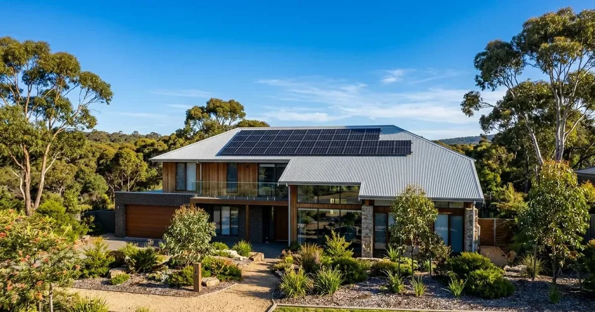 9kW rooftop solar panel system installed on a modern Australian two-storey home — SolarNevs spec card