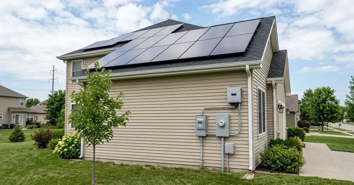 Residential rooftop solar panels on a suburban Kansas home with outdoor utility meter and disconnect switches. — SolarNevs spec card