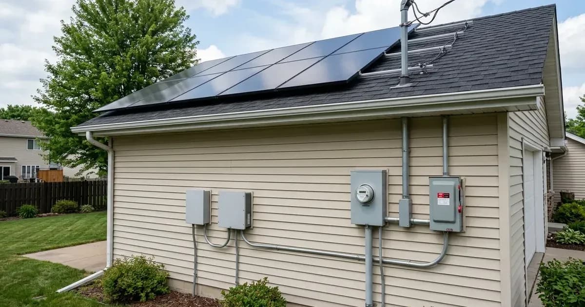 Rooftop solar panel installation with exterior utility meter and electrical disconnect on a Minnesota suburban home. — SolarNevs spec card