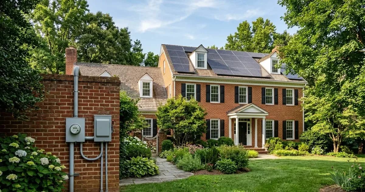 Rooftop solar panels and exterior electric utility meter with AC disconnect on a brick colonial home in Virginia. — SolarNevs spec card