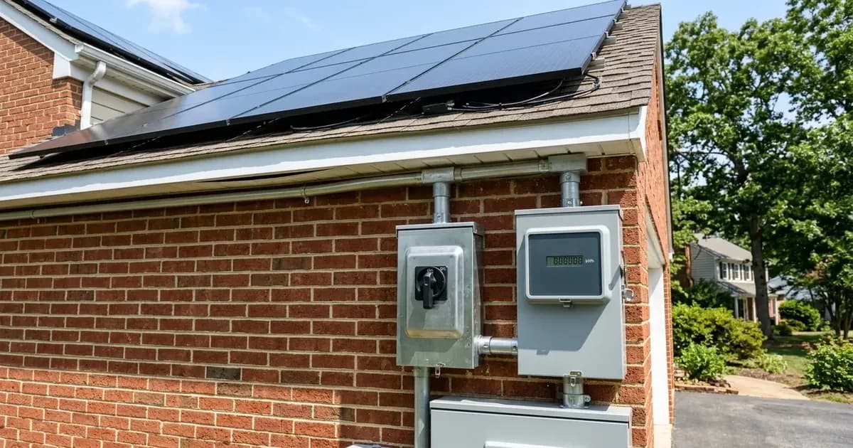 Outdoor utility net meter and solar disconnect switch installed on brick siding below rooftop solar panels in Virginia. — SolarNevs spec card