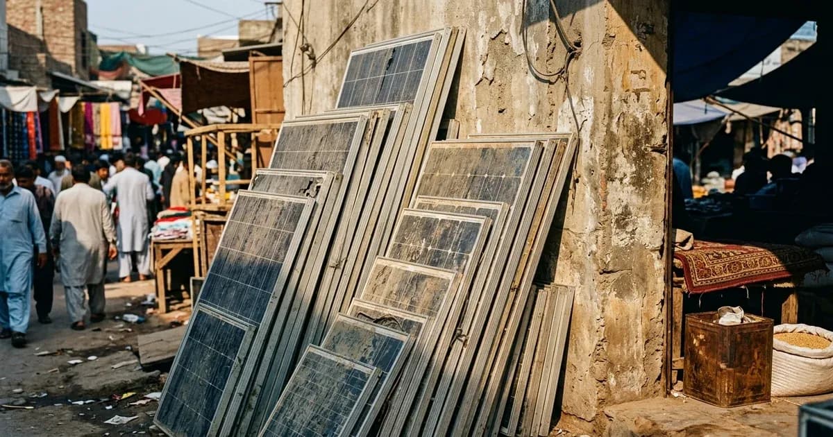 A stack of weathered used solar panels leaning against a concrete wall in an outdoor bazaar in Pakistan — SolarNevs spec card