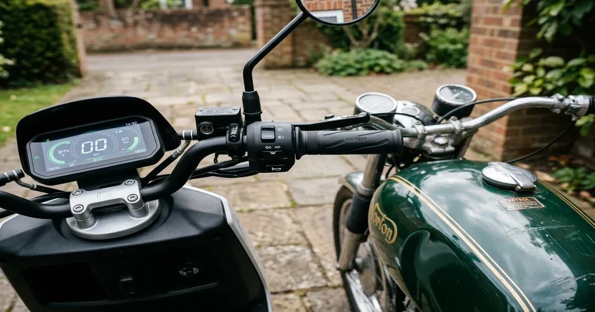 Electric scooter handlebar parked next to a classic petrol motorcycle fuel tank — SolarNevs spec card