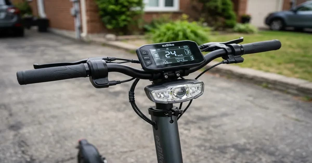ezBike electric scooter parked in a driveway in Pakistan — SolarNevs spec card