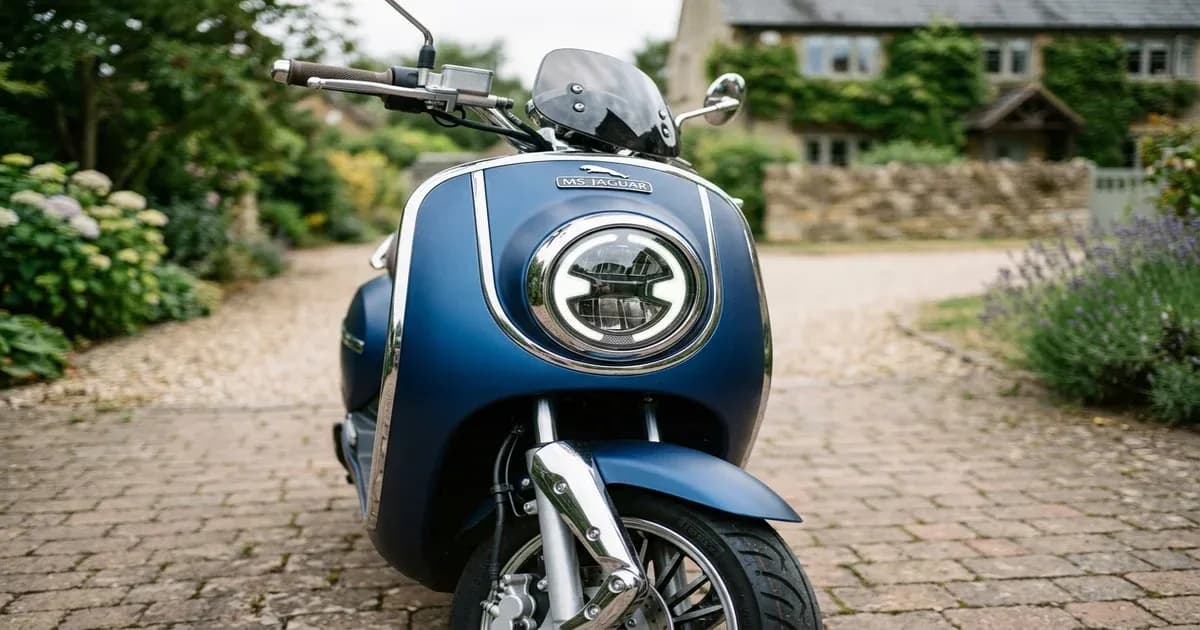 MS Jaguar electric scooter parked in a driveway in Pakistan — SolarNevs spec card