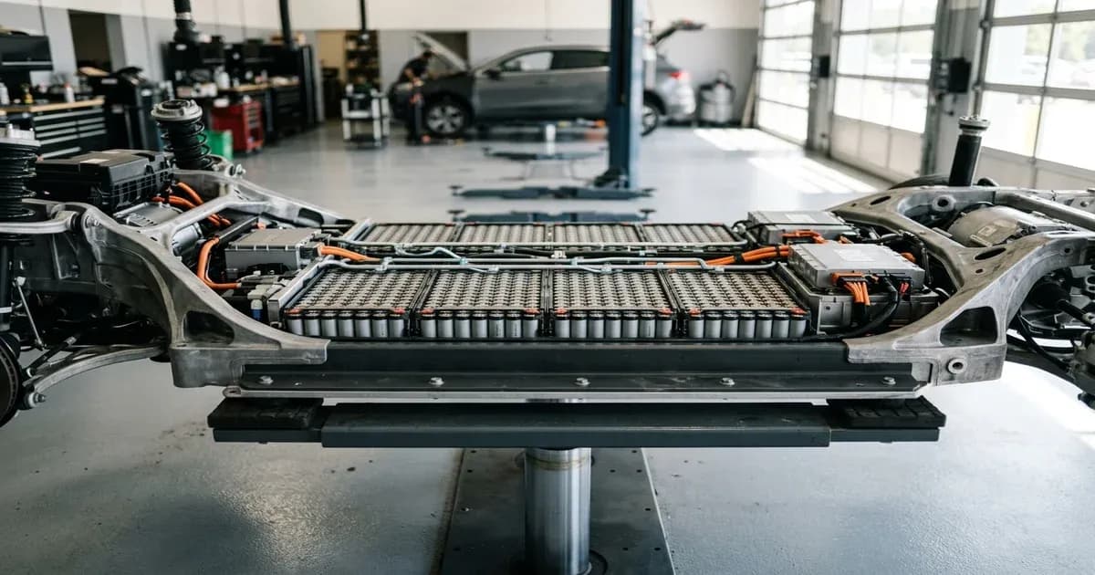EV battery platform with cells arranged inside a vehicle frame in a workshop — SolarNevs spec card
