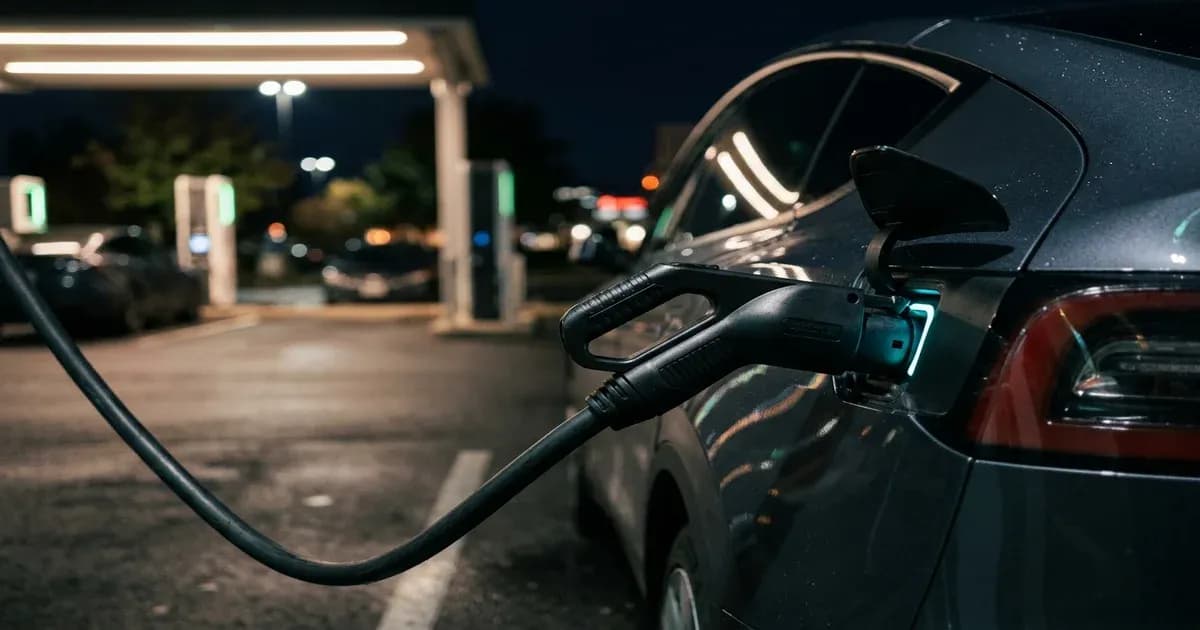 EV charging nozzle plugged into an electric vehicle at night — SolarNevs spec card