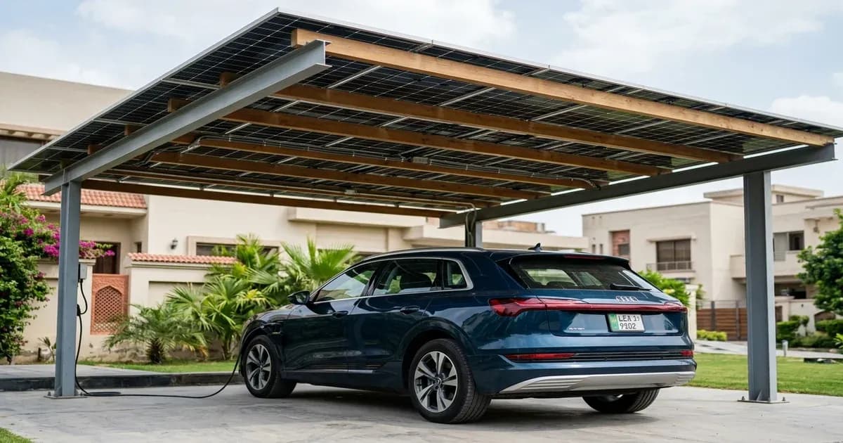 Modern residential solar carport shading a premium electric SUV in Pakistan — SolarNevs spec card