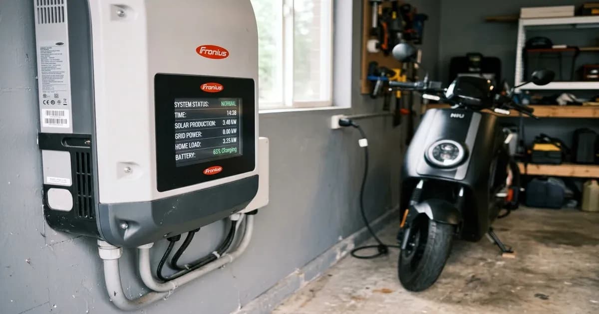 Solar inverter digital screen next to a parked electric scooter in a garage — SolarNevs spec card