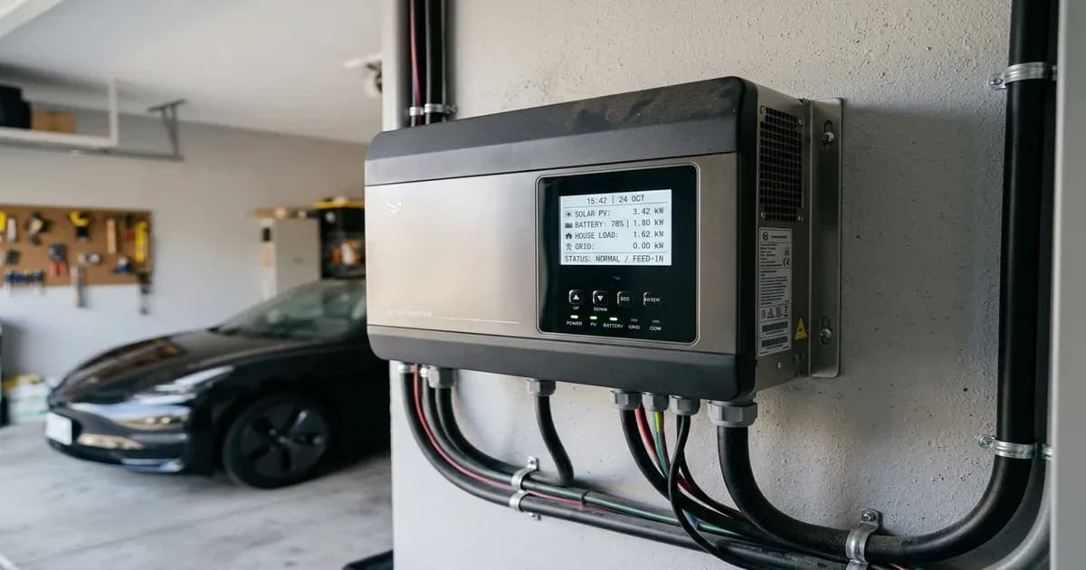 Modern hybrid solar inverter system mounted on a garage wall showing digital display — SolarNevs spec card