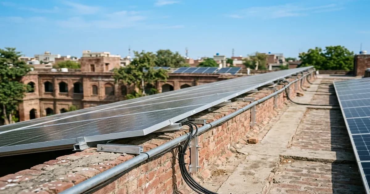 Modern commercial solar panel installation on the roof of a brick school building in Pakistan — SolarNevs spec card