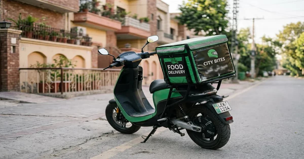 Modern electric motorcycle with a food delivery box on the back parked on a side street — SolarNevs spec card
