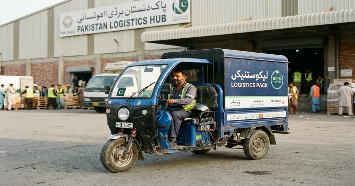 Modern electric cargo loader three-wheeler parked outside a logistics warehouse in Pakistan — SolarNevs spec card