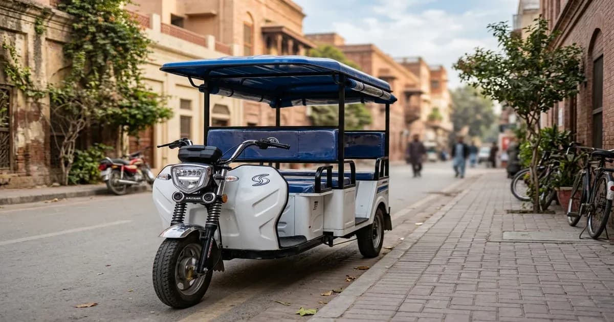 Sazgar electric rickshaw three-wheeler parked on a side street in Lahore — SolarNevs spec card