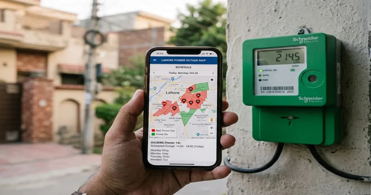 Smartphone showing a power grid outage map next to a modern green digital electricity meter on a wall in Lahore — SolarNevs spec card