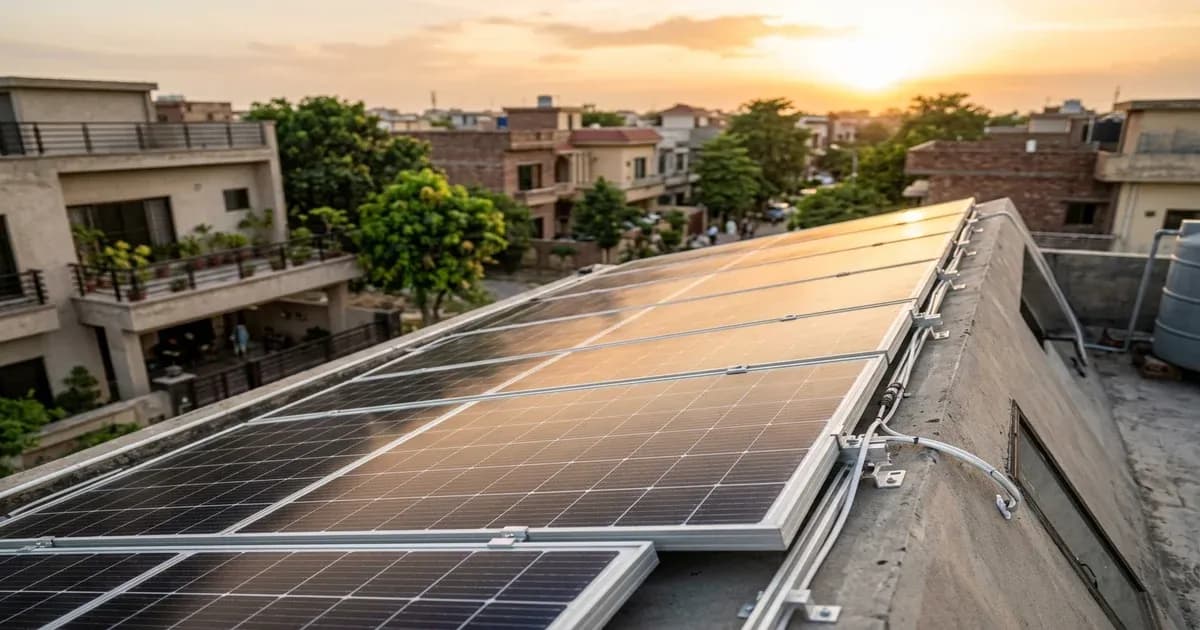 Newly installed solar panel array on a modern house rooftop in Pakistan during golden hour — SolarNevs spec card