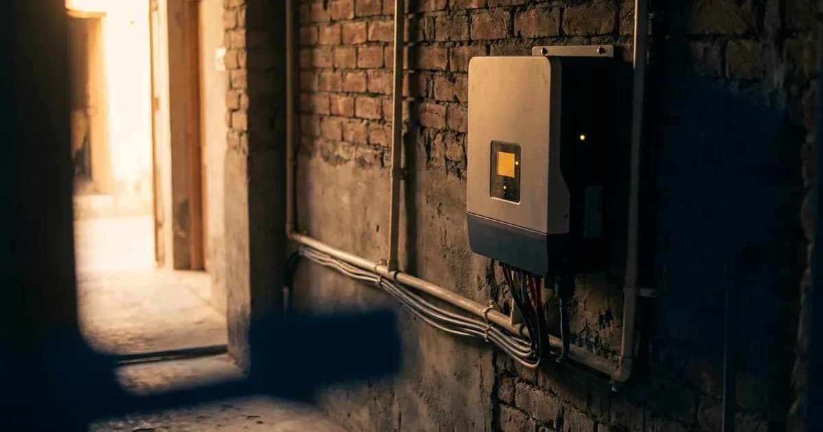 Wall-mounted hybrid solar inverter with amber status display in a Pakistani home utility corridor — SolarNevs spec card