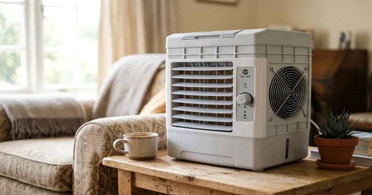 Domestic 12V DC solar air cooler unit details in Pakistan — SolarNevs spec card