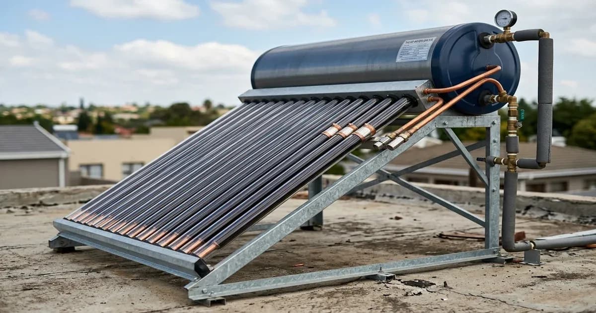 Solar water heater geyser evacuated tube system on rooftop in Pakistan — SolarNevs spec card