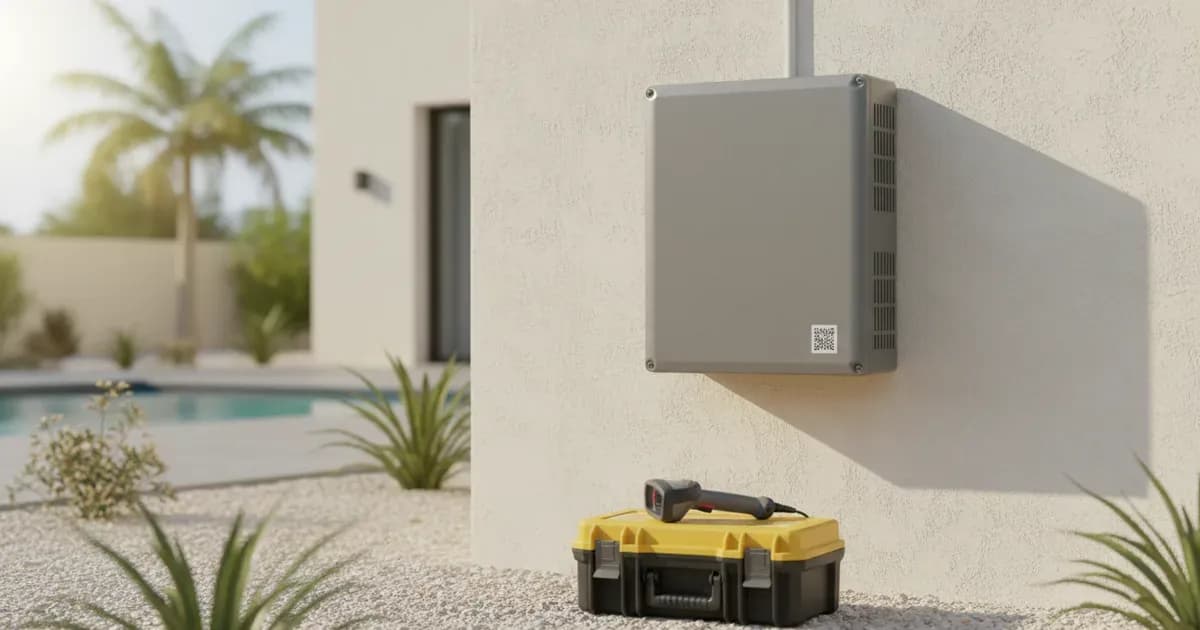 A Growatt solar inverter mounted on a villa wall with a technician scanning its serial label — SolarNevs spec card