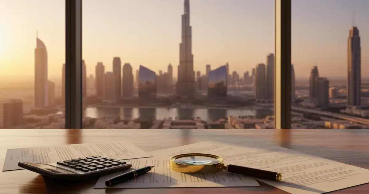 A homeowner comparing solar quotes and verification documents at a desk overlooking a Dubai skyline — SolarNevs spec card