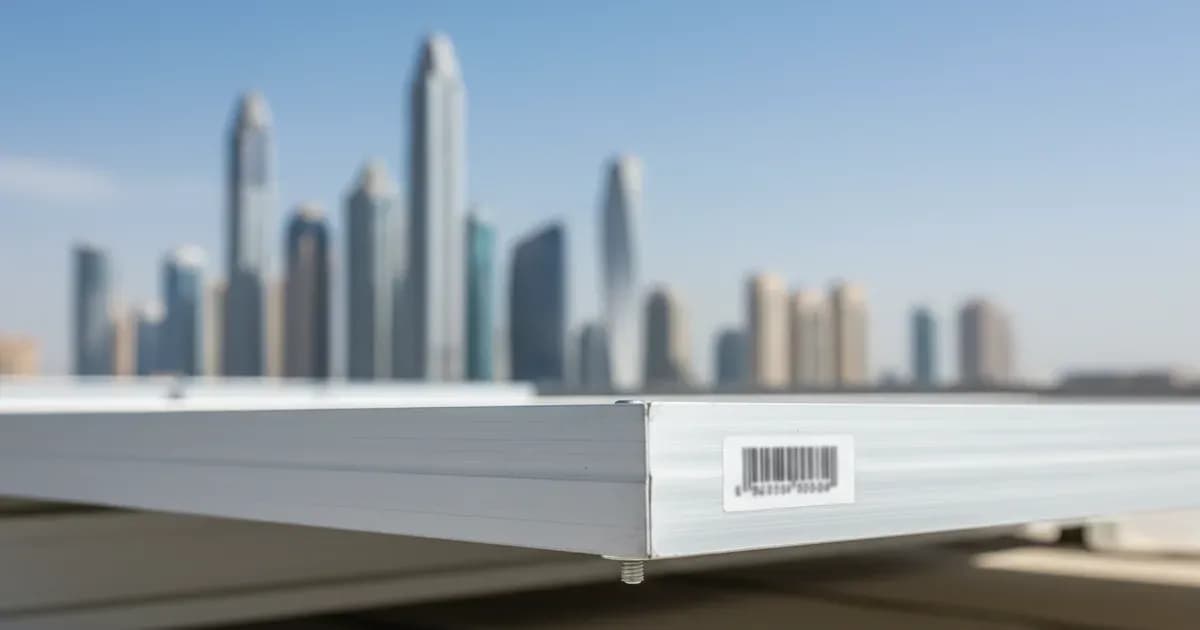Technician checking the serial number label on a Jinko solar panel on a Dubai rooftop — SolarNevs spec card