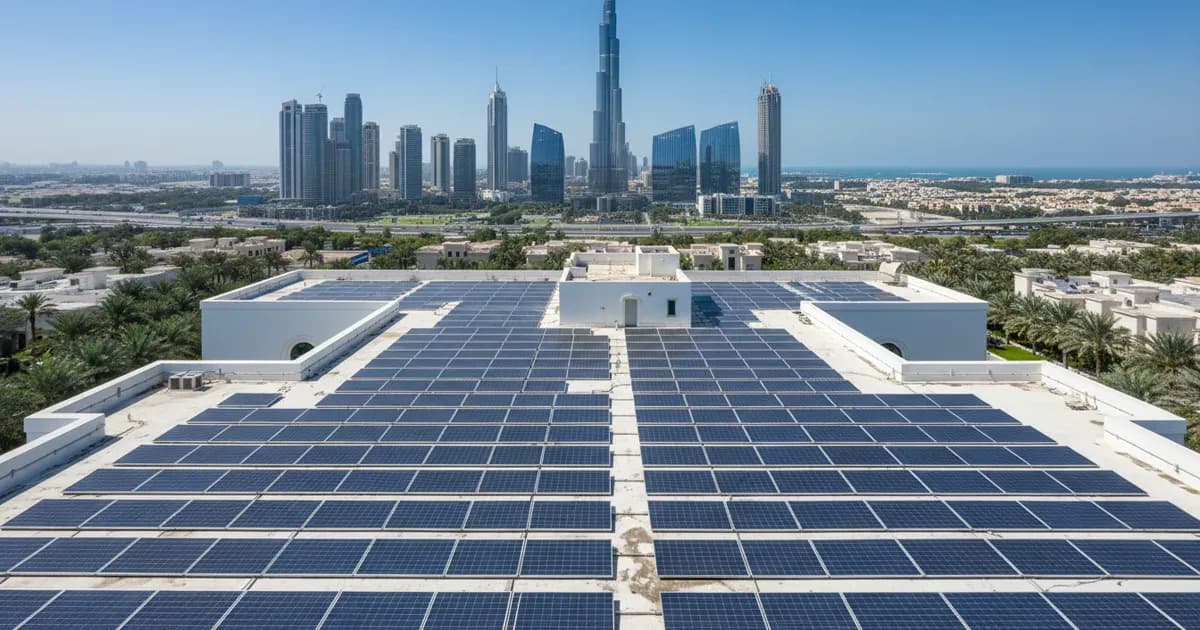 Rooftop solar panels on a Dubai villa with the city skyline in the background — SolarNevs spec card