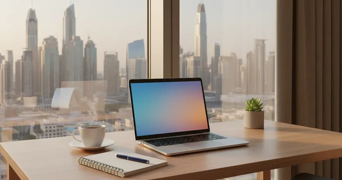 Laptop on a desk showing a rooftop solar estimate beside a window overlooking Dubai buildings — SolarNevs spec card