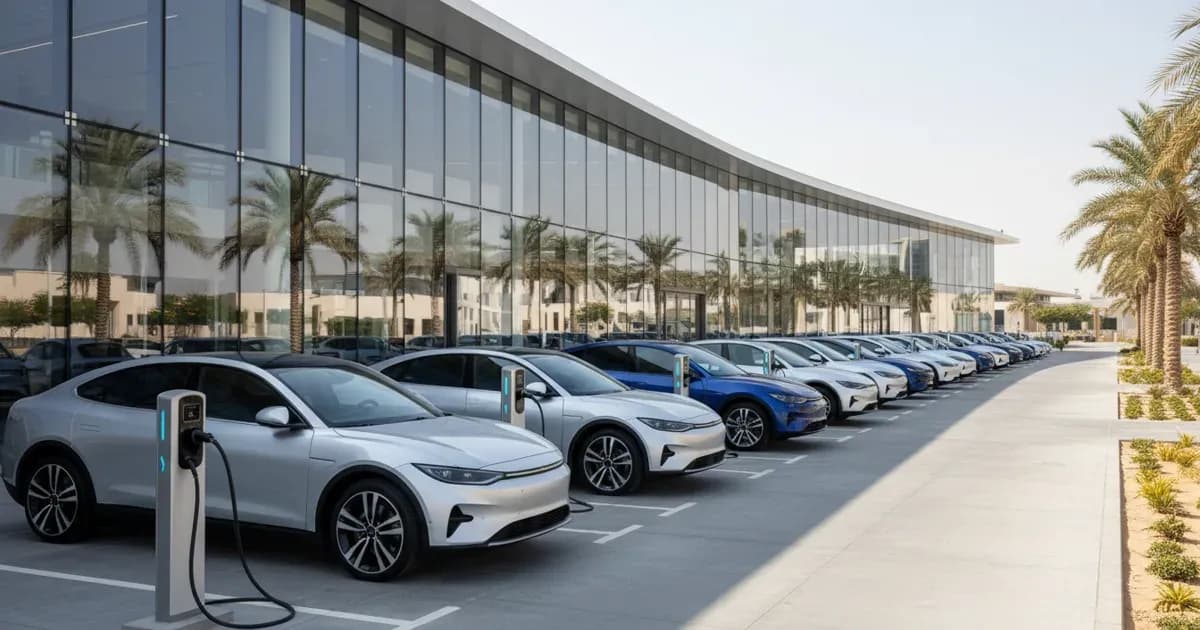 A row of new electric cars parked outside a modern Dubai showroom with charging points visible — SolarNevs spec card
