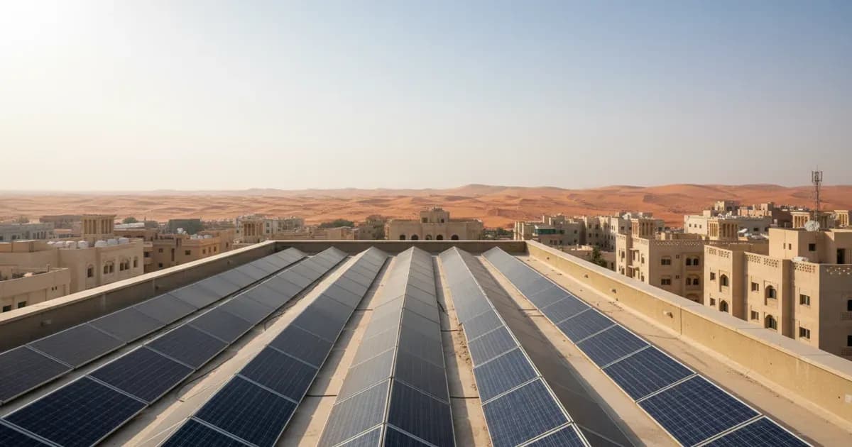 Rows of large monocrystalline solar panels on a flat rooftop under a bright Saudi sky — SolarNevs spec card