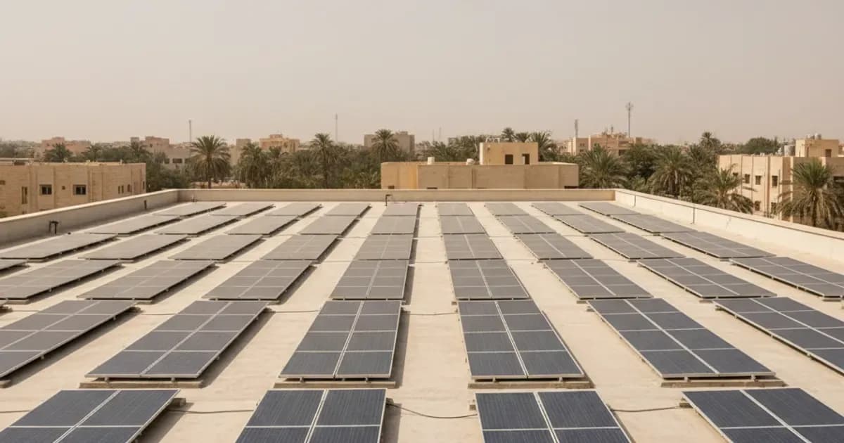 Large monocrystalline solar panels mounted on a flat villa rooftop in Riyadh under a hazy desert sky — SolarNevs spec card