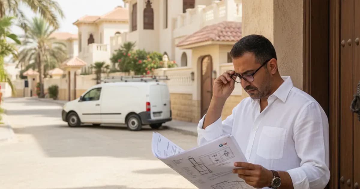 A Saudi homeowner examining a solar contractor's paperwork and identification at a doorstep — SolarNevs spec card