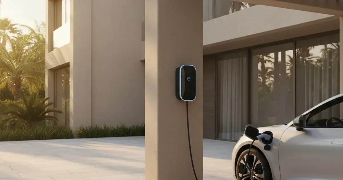 A wall-mounted EV charger beside an electric car parked in the covered driveway of a Saudi villa — SolarNevs spec card