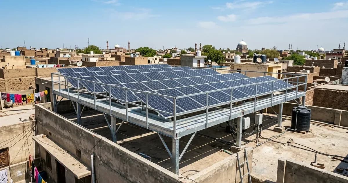 A solar panel array mounted on an elevated steel structure on a residential flat rooftop under bright sunlight. — SolarNevs spec card
