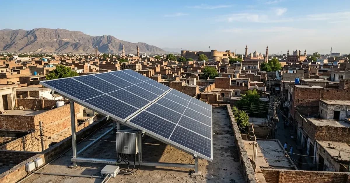 A solar panel array mounted on a rooftop overlooking Peshawar's historic brick city and surrounding mountains. — SolarNevs spec card