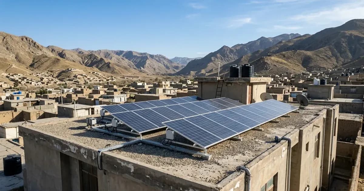 A solar panel array installed on a gravel-topped flat roof with arid mountains in the background under clear skies. — SolarNevs spec card