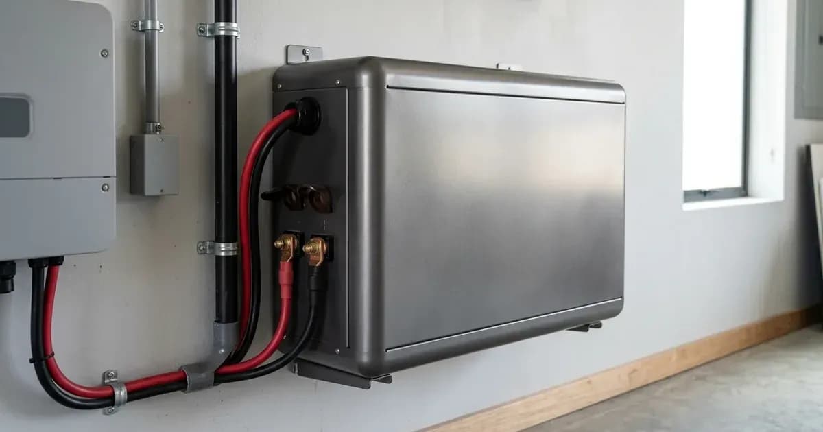 A metallic wall-mounted lithium solar battery unit connected to electrical conduit in a garage or utility room. — SolarNevs spec card