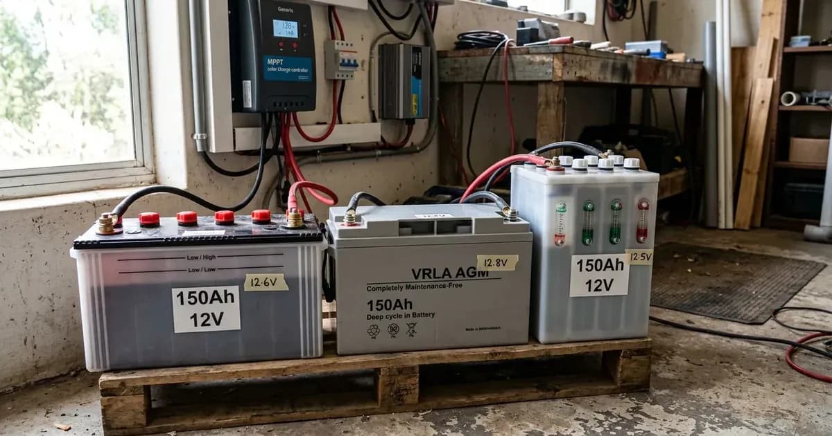 Three 150Ah batteries, flooded, AGM, and tubular types, on a wooden pallet wired to a charge controller. — SolarNevs spec card