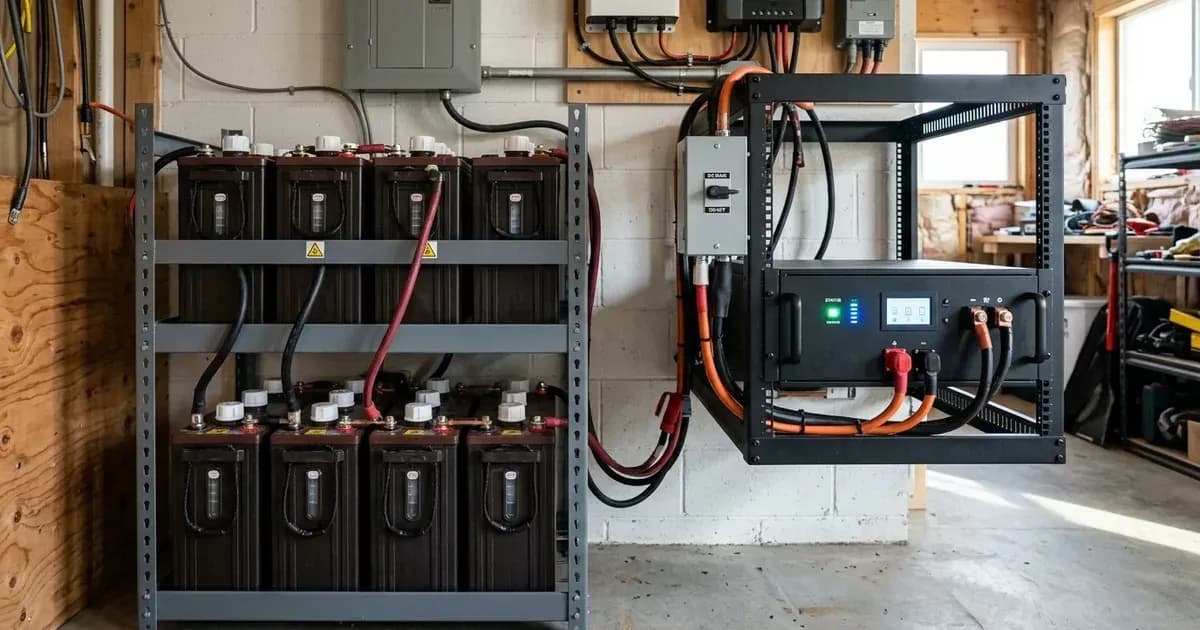 A metal rack with deep-cycle tubular batteries next to a rack-mounted lithium battery module wired to wall disconnects. — SolarNevs spec card