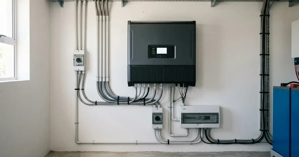 A three-phase solar hybrid inverter and breaker box mounted on a white wall with conduit and wiring. — SolarNevs spec card