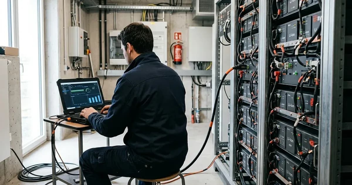 Technician seated at a laptop configuring a large rack-mounted lithium battery storage bank via data cable. — SolarNevs spec card