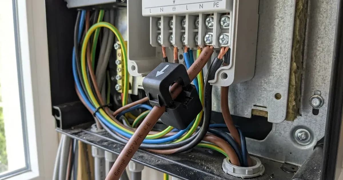 Close-up of a current transformer clamp attached to an electrical wire leading into a terminal block. — SolarNevs spec card