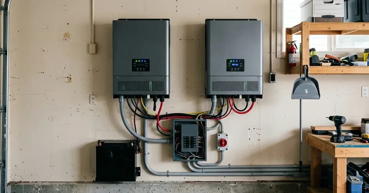 Two hybrid solar inverters and battery wiring mounted on a residential garage wall. — SolarNevs spec card