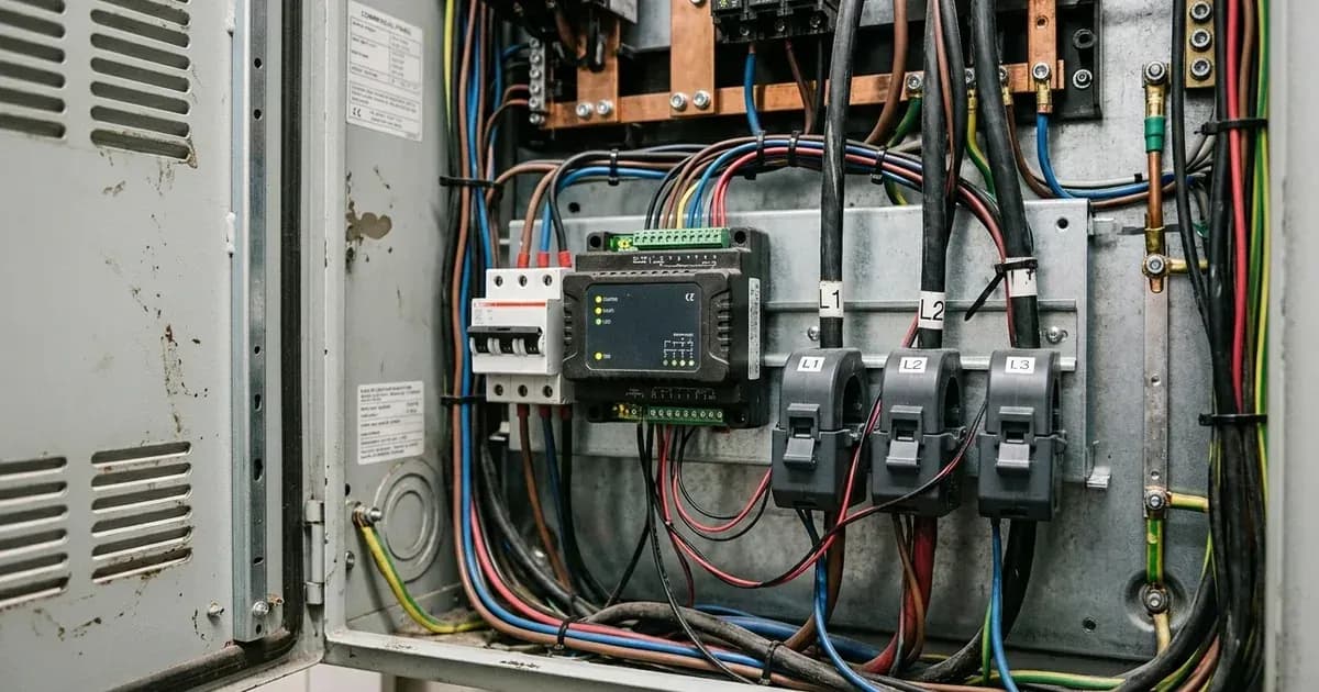 Energy gateway meter and three current transformer clamps wired inside an open electrical panel. — SolarNevs spec card